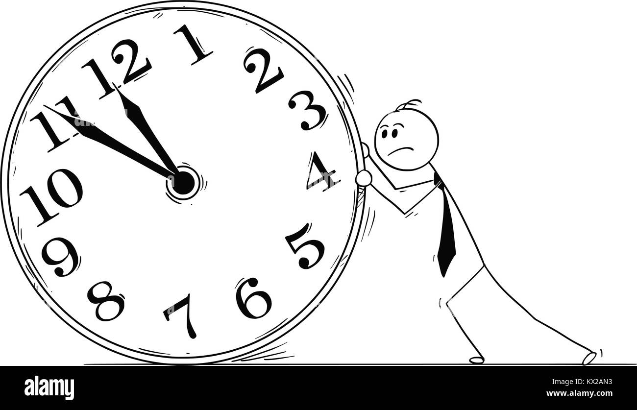 Cartoon stick man Dibujo Ilustración conceptual de sobrecargado de trabajo empresario empujando a gran reloj. Concepto de negocio de plazo y trabajando horas extraordinarias. Ilustración del Vector