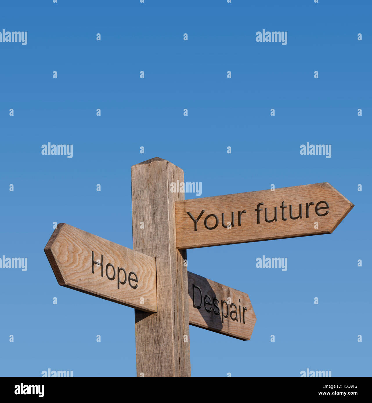 Signpost direcciones mostrando esperanza,desesperación,su futire. Foto de stock