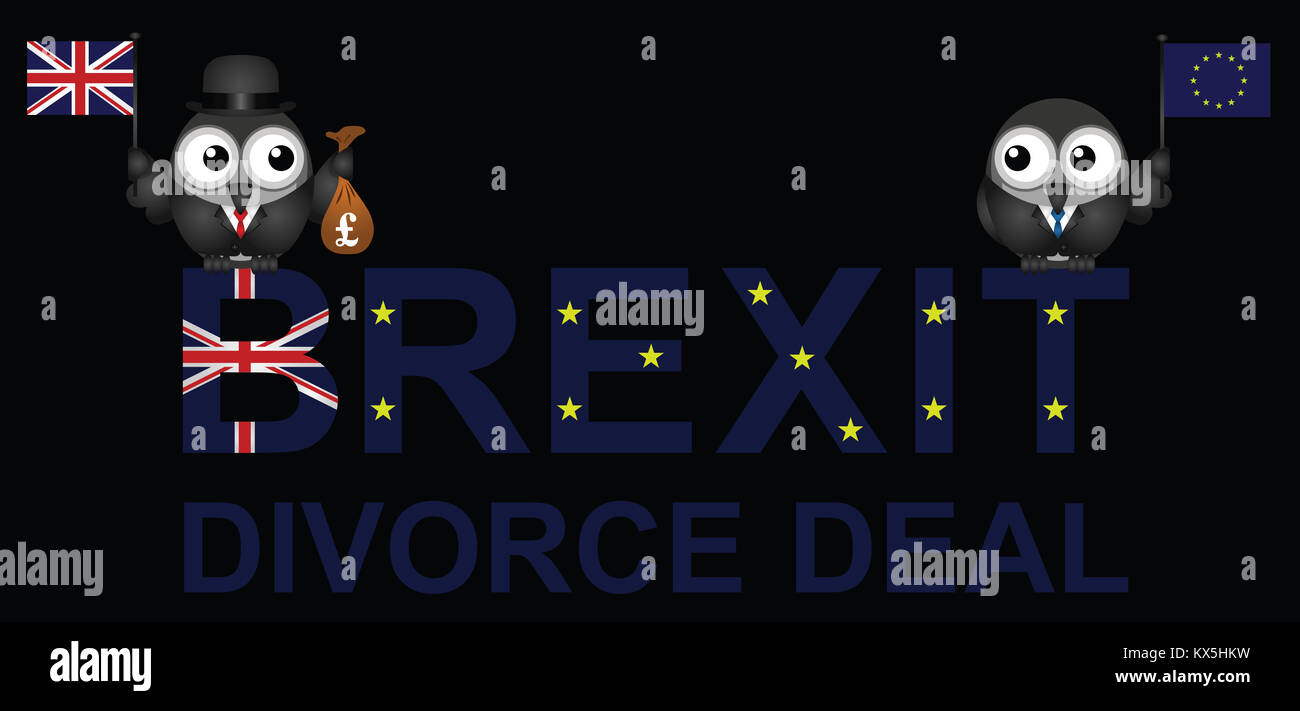 Representación cómica del divorcio Brexit tratar de acuerdo con el Reino Unido de pagar 59 millones de libras a la Unión Europea Foto de stock