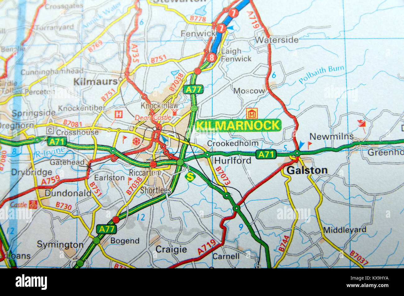 Mapa de carreteras de Kilmarnock, Escocia. Foto de stock