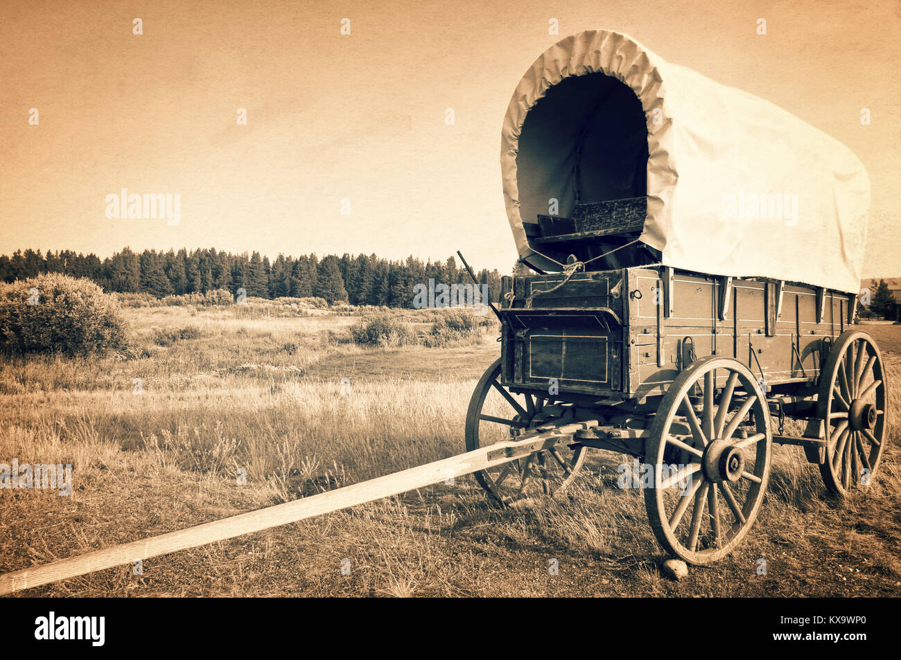 Oeste americano Vintage Vintage sepia vagón, proceso, West American Cowboy veces concepto Foto de stock