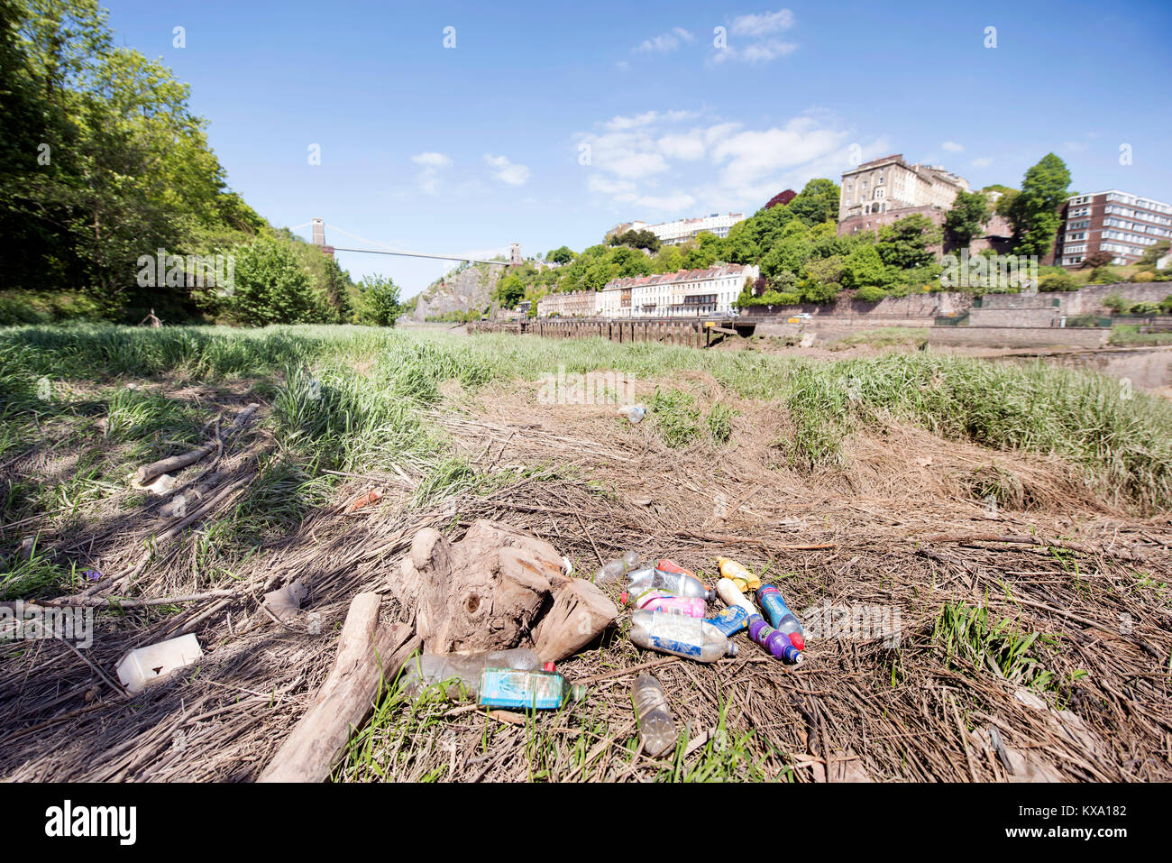 Re. 'Ciudad del Mar', una campaña para librar a Bristol de botella de plástico botellas - residuos residuos a orillas del Avon Gorge en Clifton UK Foto de stock