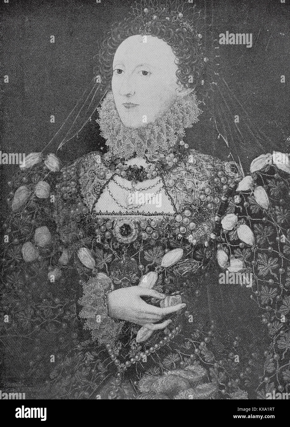 Elizabeth I, el 7 de septiembre de 1533 - 24 de marzo de 1603, era la reina de Inglaterra e Irlanda desde el 17 de noviembre de 1558, hasta su muerte el 24 de marzo de 1603. A veces se denomina la reina virgen, Gloriana o Buena Reina Bess, pintura después de una fotografía original por Walter & Boutall en Londres, Inglaterra, mejor reproducción digital de un original xilografía o ilustración desde el año 1880 Foto de stock