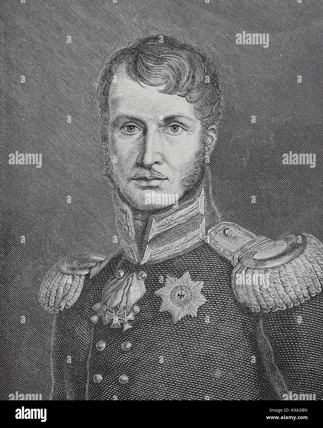 Retrato de Federico Guillermo III, el 3 de agosto de 1770 - 7 de junio de 1840, era el rey de Prusia desde 1797 a 1840, gobernó Prusia durante los tiempos difíciles de las guerras napoleónicas y el final del Sacro Imperio Romano, Alemán, mejor reproducción digital de un original xilografía o ilustración desde el año 1880 Foto de stock
