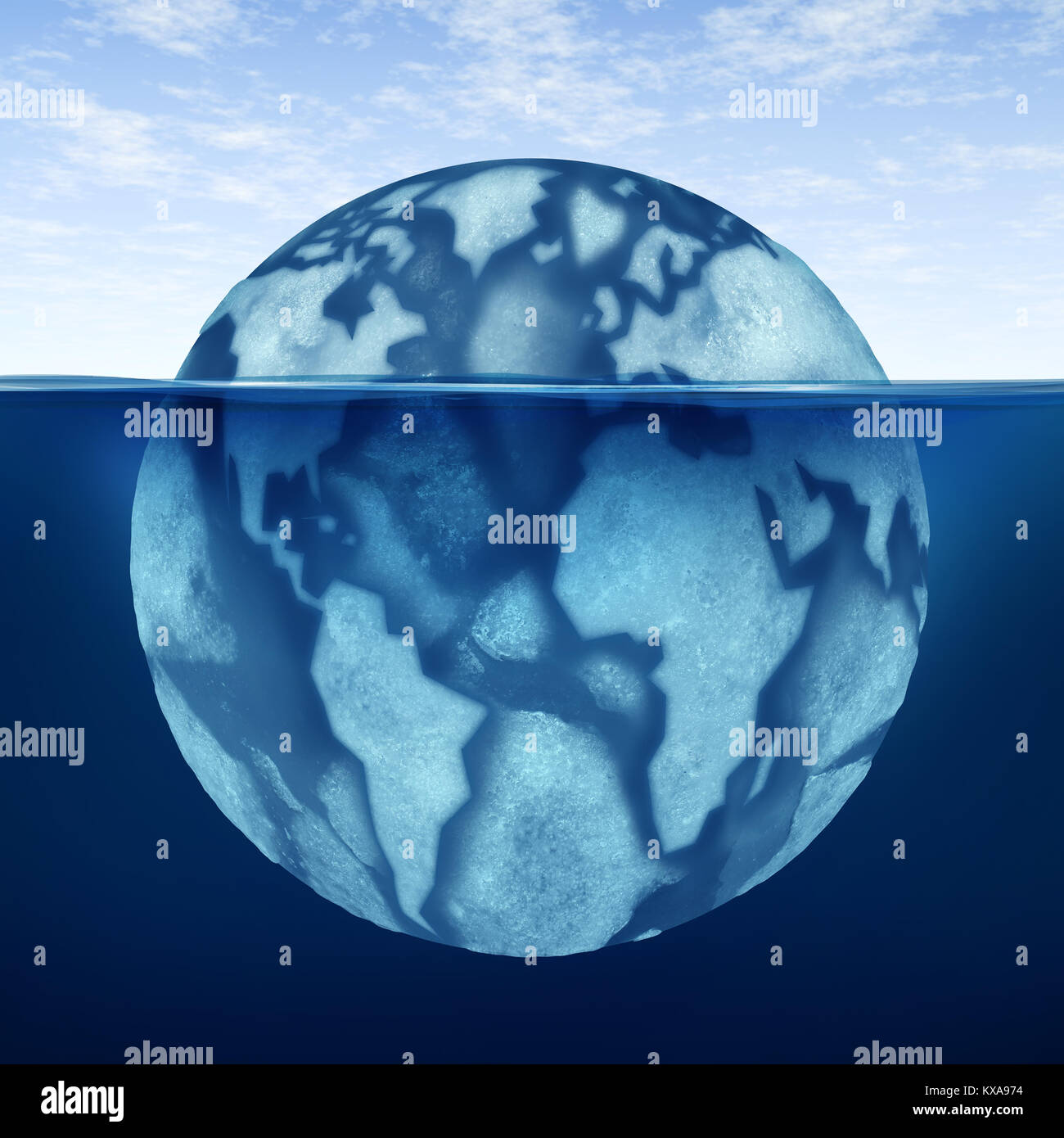 Clima frío mundo y extremas de invierno la congelación en todo el mundo como hueso de hielo glacial del planeta Tierra como un iceberg con ilustración 3D elementos. Foto de stock