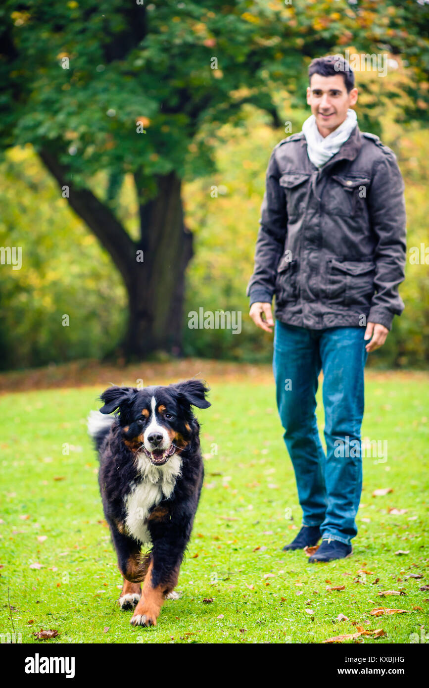 Hombre caminando su perro en otoño park Foto de stock