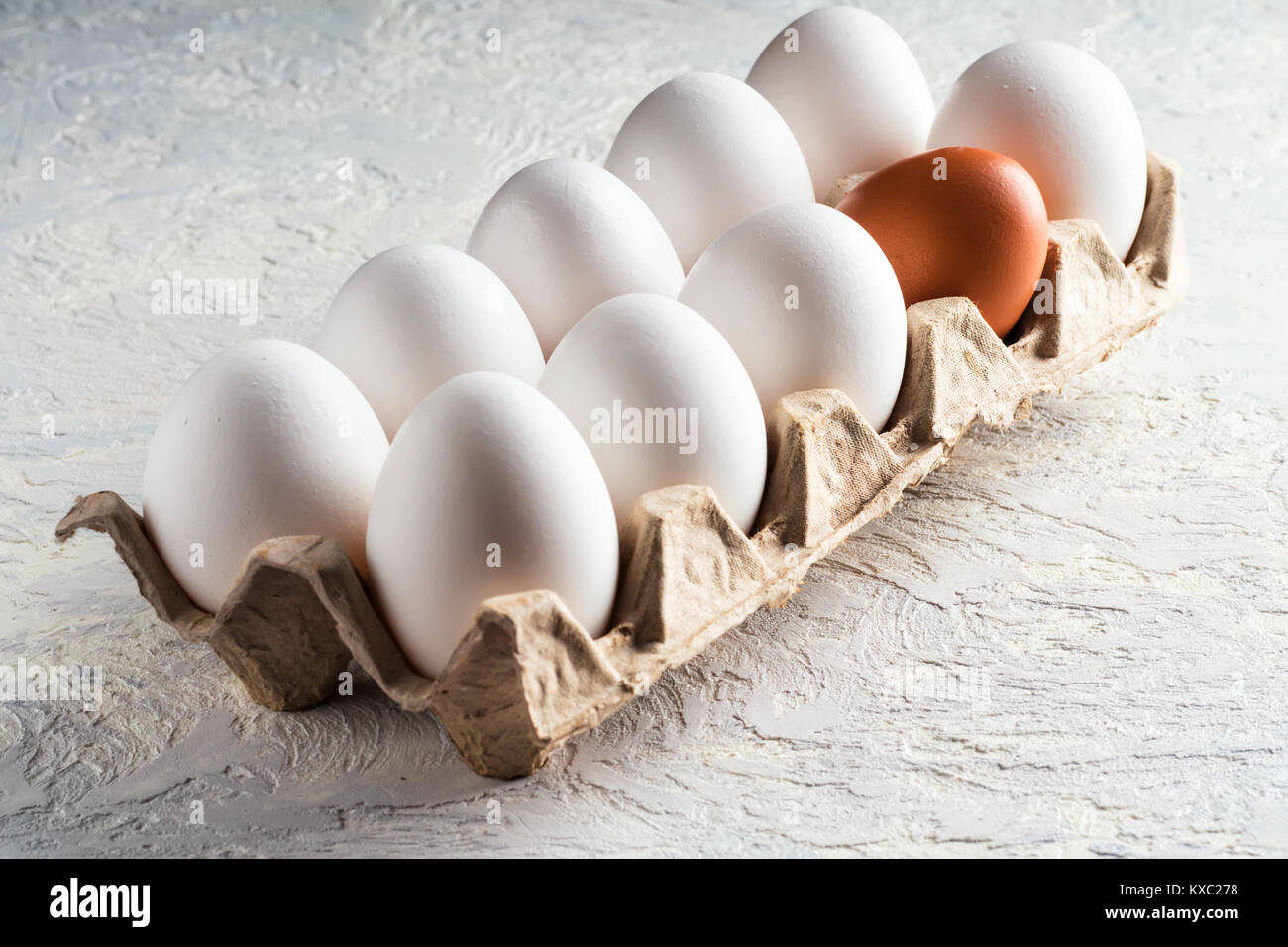 Pack de huevo marrón y uno beige concepto antinatural perjudiciales diferentes racismo Foto de stock