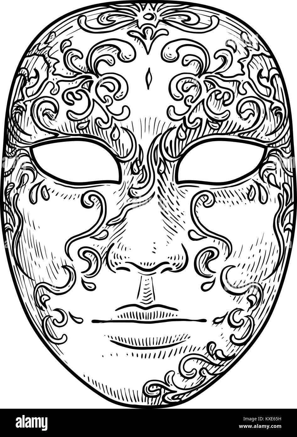 Máscara veneciana ilustración, dibujo, grabado, tinta, el arte lineal,  vector Imagen Vector de stock - Alamy