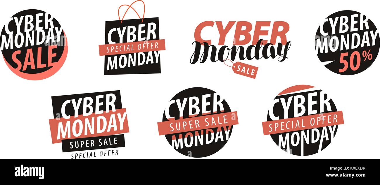 Logotipo de Cyber Monday o etiqueta. Venta, liquidación de compras conjunto de iconos. Ilustración vectorial Ilustración del Vector