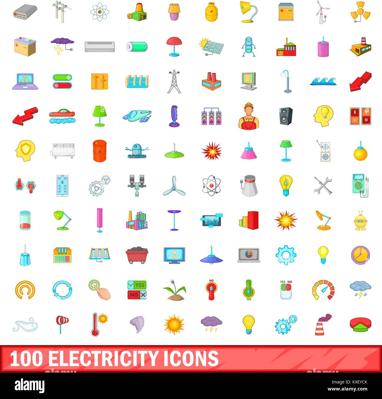 100 iconos de electricidad, estilo de dibujos animados Imagen Vector de ...