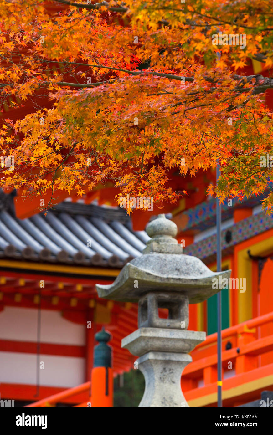 Una linterna y color en el otoño por el templo de Higashiyama en Kyoto, Japón. Foto de stock