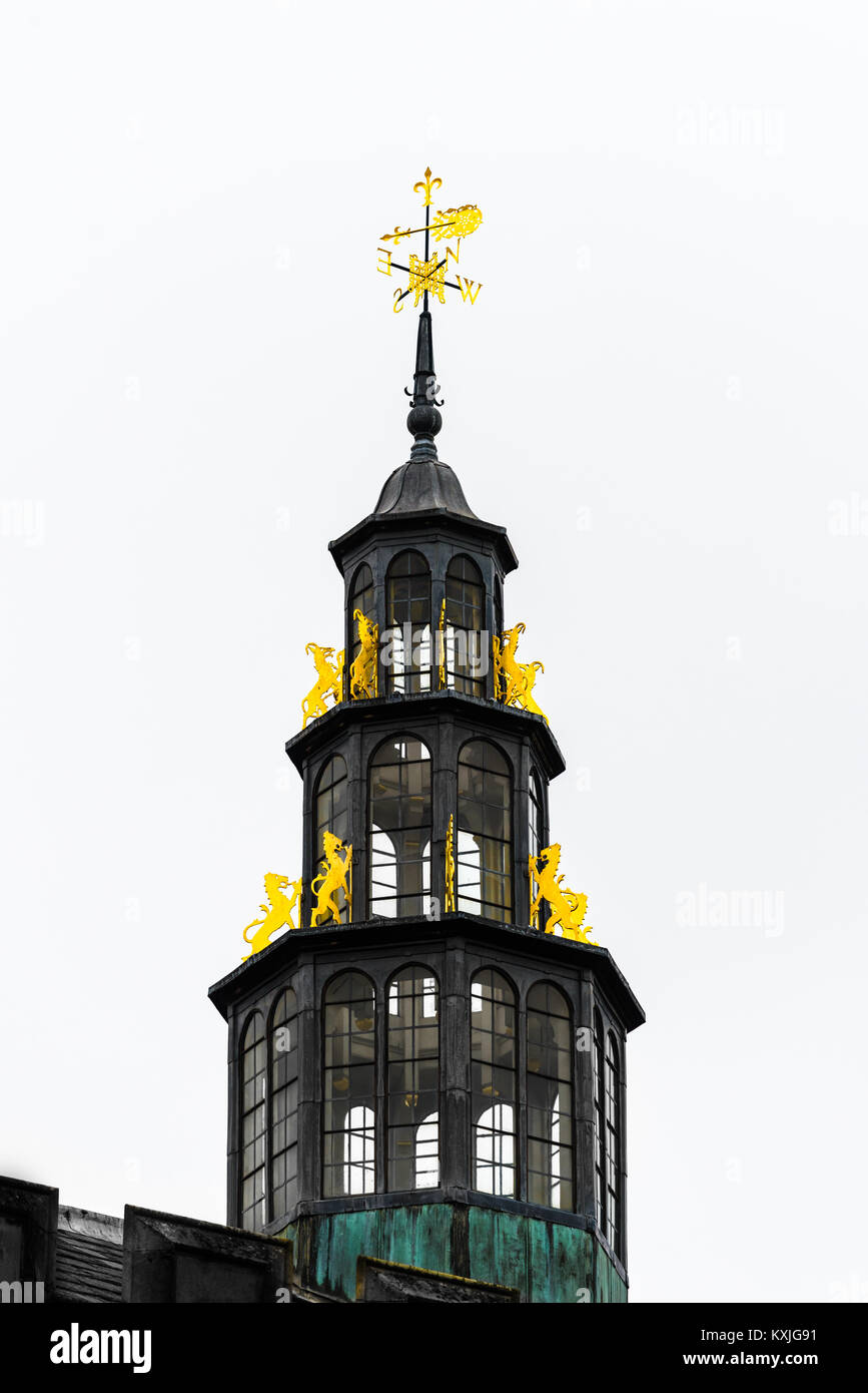 De la torre de observación, con decoraciones doradas de animal y la veleta, en el techo del comedor en el King's College, Universidad de Cambridge, Inglaterra. Foto de stock
