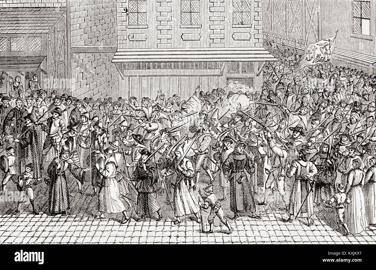 Armado de la procesión de la Liga católica de Francia aka Santa Liga. Formado por Enrique I, duque de Guise en 1576, la Liga destinados a la erradicación de los protestantes de la Francia Católica durante la Reforma Protestante, así como la sustitución del rey Enrique III. De Ward y bloquear el ilustrado de la historia del mundo, publicado c.1882. Foto de stock