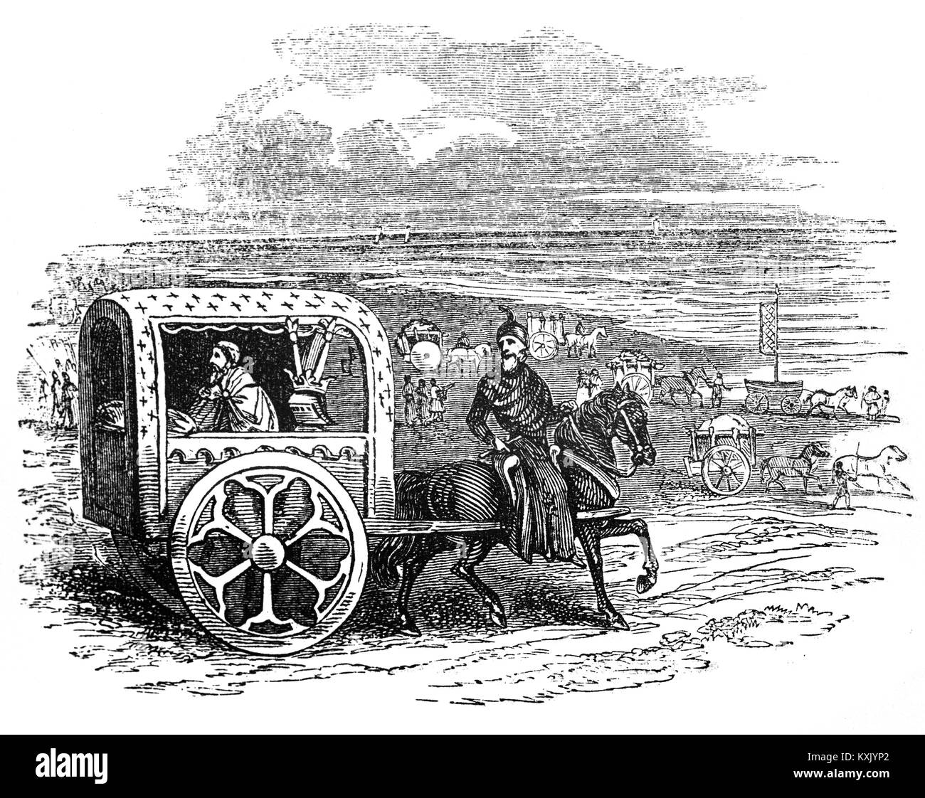 El rey Juan viajando en un carruaje real en Inglaterra durung principios del siglo XIII. Foto de stock