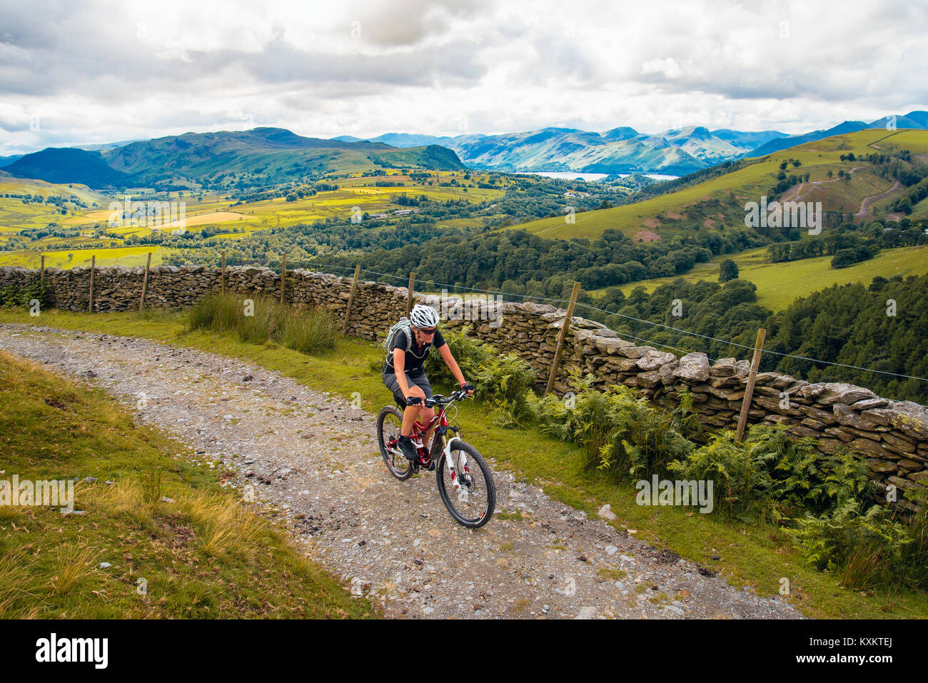 Ciclista de montaña en bridleway femenino alrededor de Blease cayó en el distrito inglés de Lake District. Foto de stock