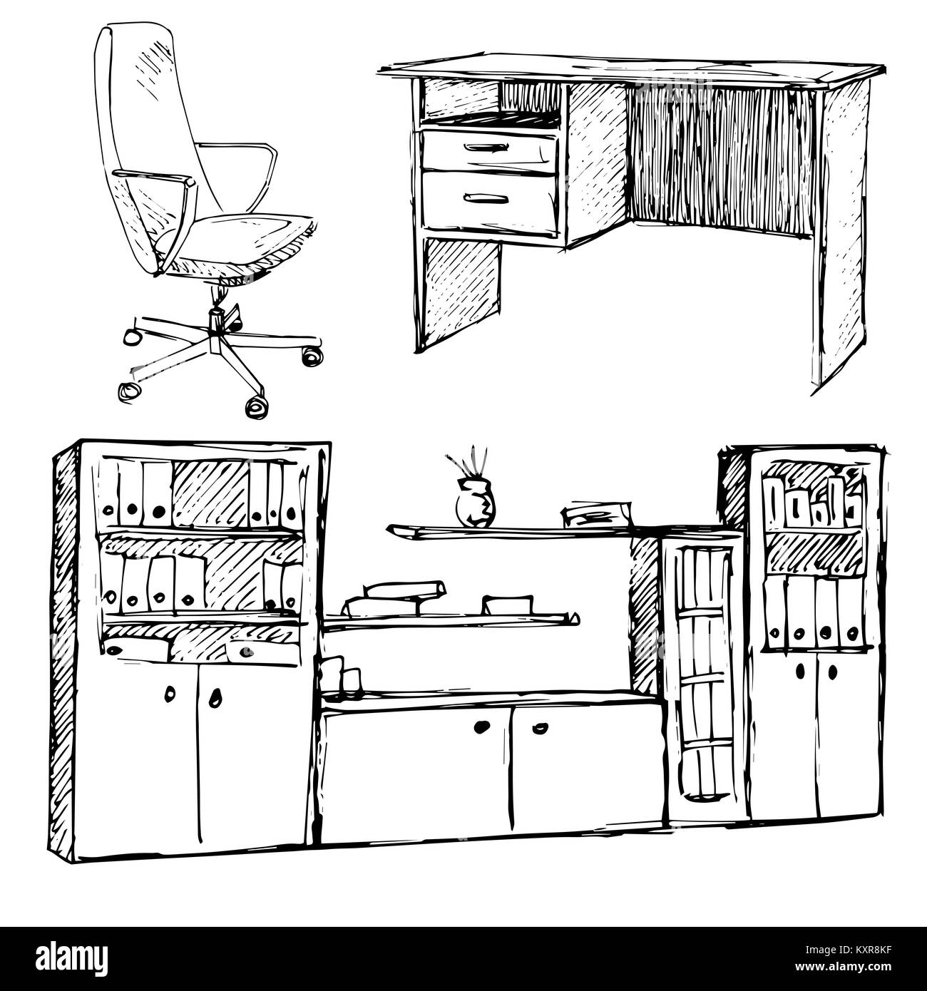 Conjunto de muebles de oficina. Silla, mesa, armario aislado sobre fondo  blanco. Ilustración vectorial en un boceto de estilo Imagen Vector de stock  - Alamy
