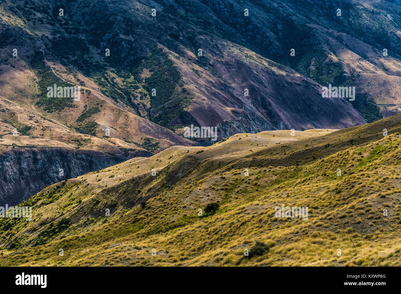 Paisaje alpino abover valle del río Kawarau, Otago, Nueva Zelanda Foto de stock