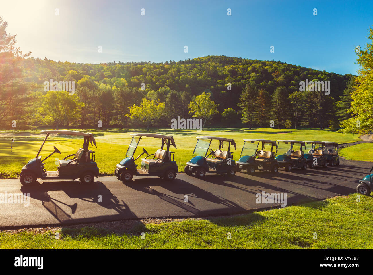 Se alinearon los carritos de golf en el campo de Golf Foto de stock