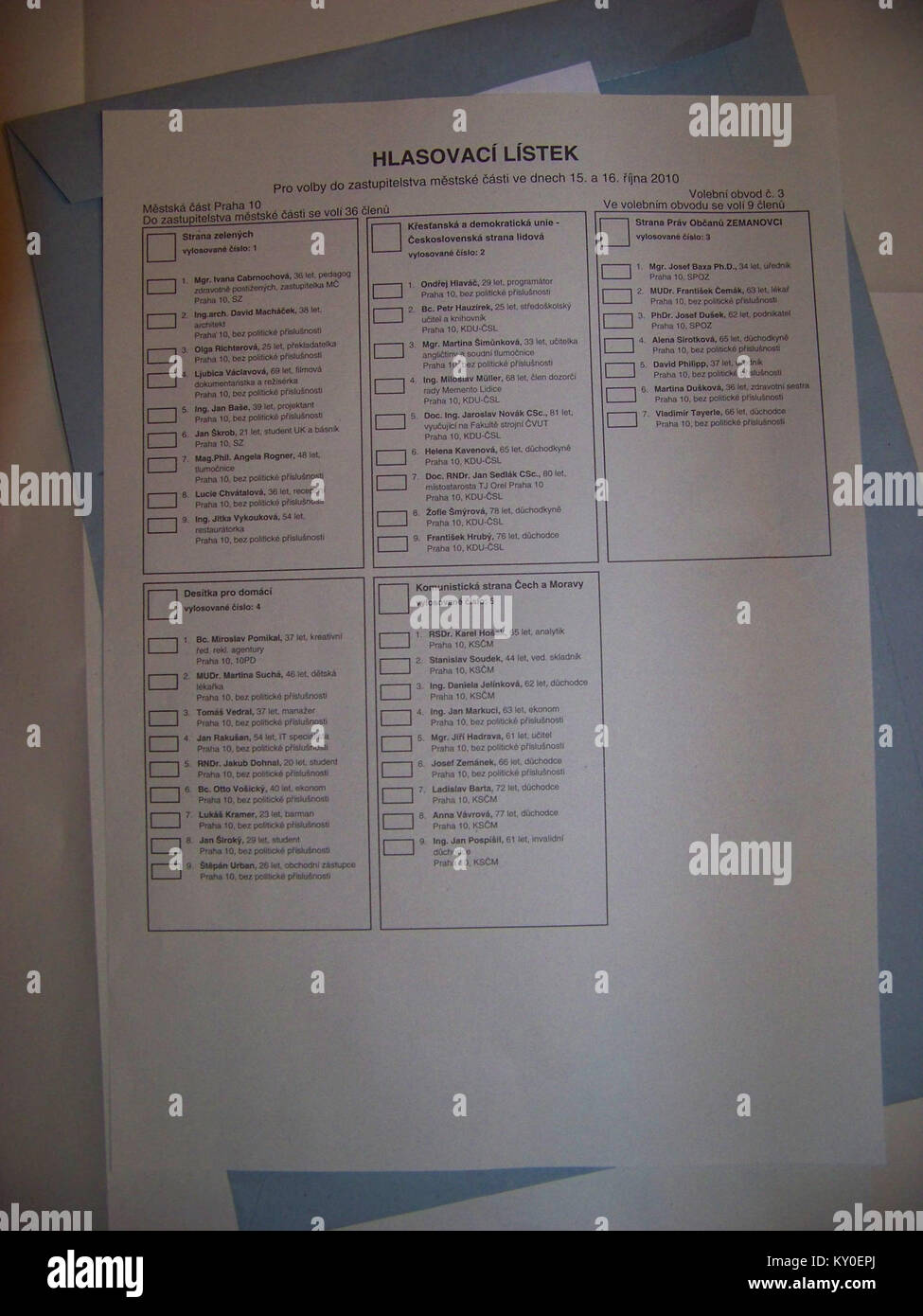 Volby komunální Hlasovací lístek, 2010, 10, Praha 3, přední obvod strana Foto de stock