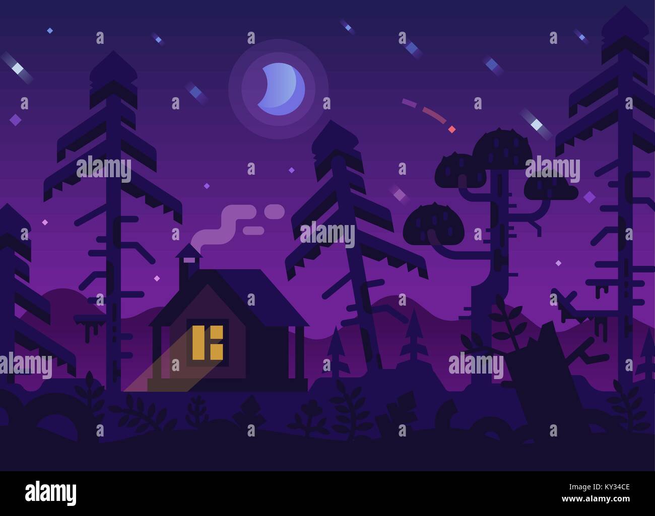Cabaña de caza con una brillante ventana en la noche púrpura bosque bajo la luna Ilustración del Vector