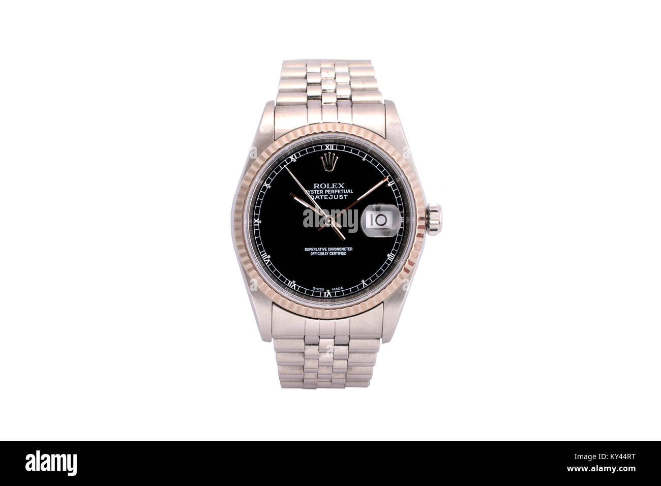 Rolex Oyster Perpetual date ajustar hombre de acero inoxidable reloj con cara negra Foto de stock