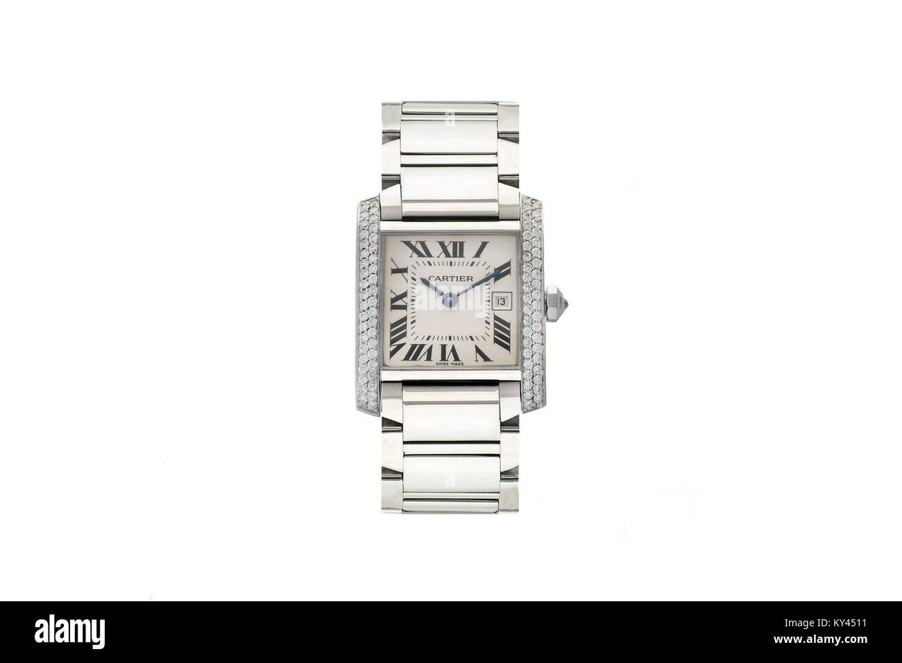 Cartier acero pulido y diamantes lady's watch con cara cuadrada blanca Foto de stock