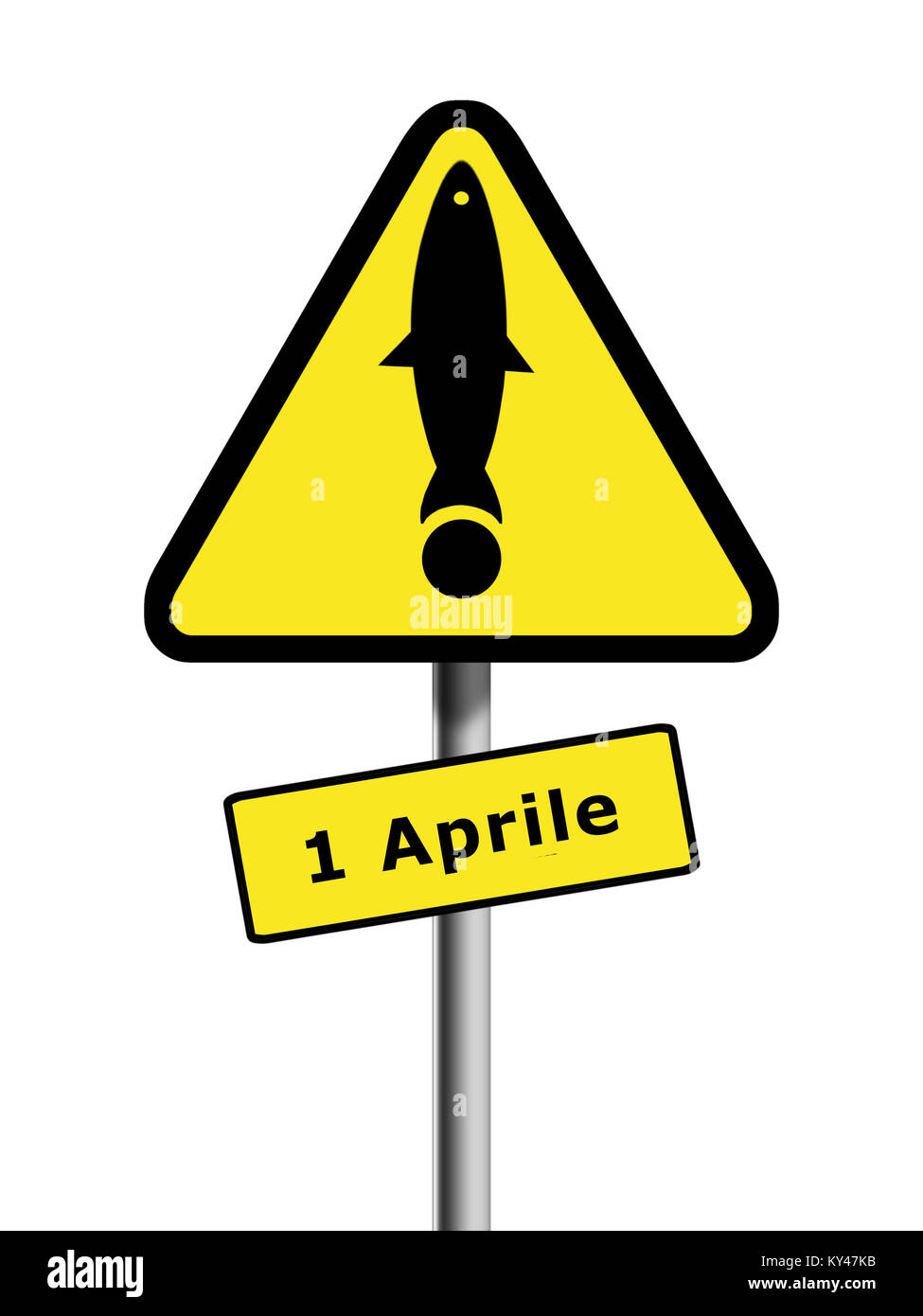 Señal de advertencia de pescado de abril. La tradición europea de April Fools Day. Foto de stock
