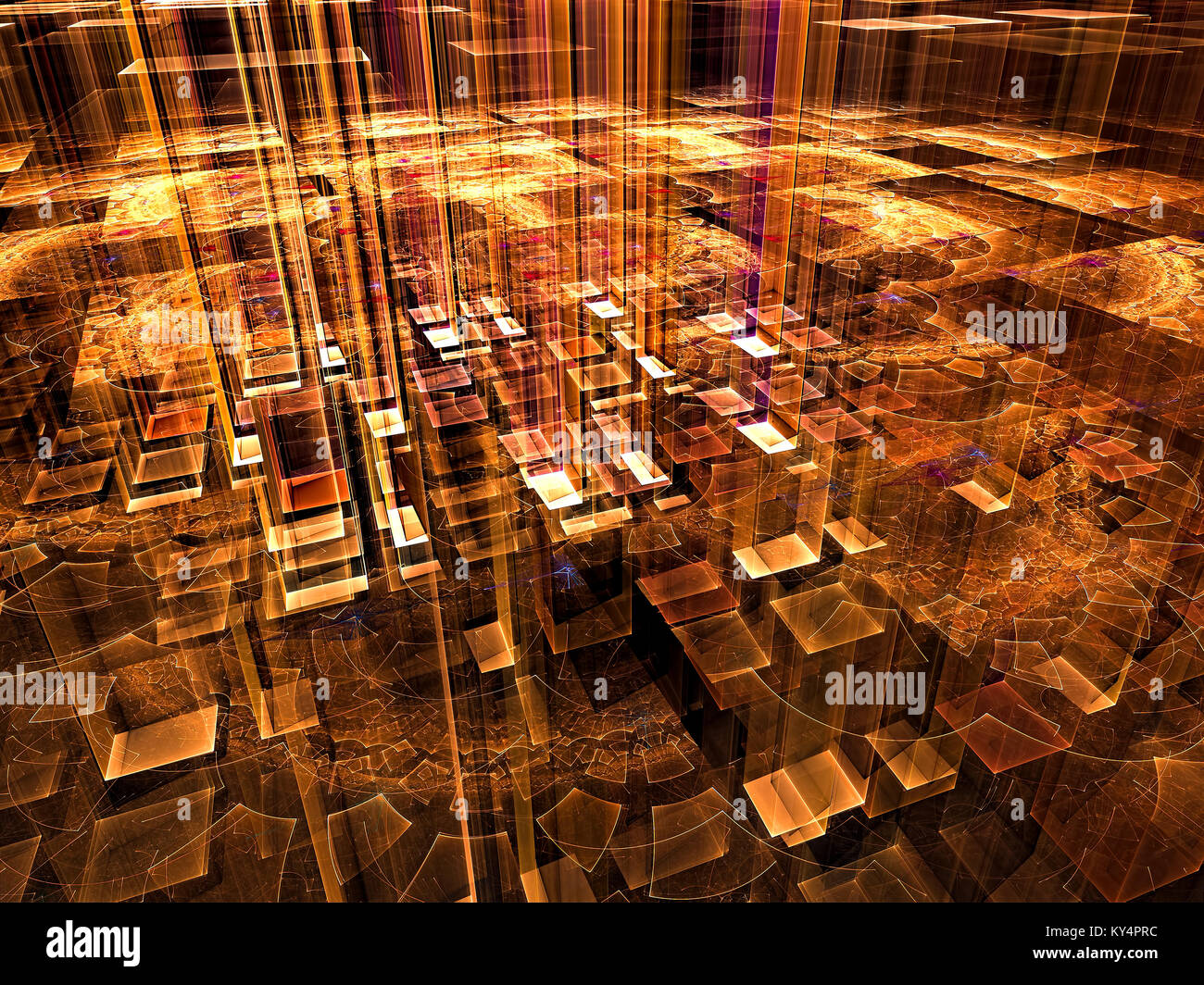 Lugar místico - abstracto imagen generada por computadora. Fondo fractal dorado con rayas verticales o pilares de luz. De ciencia ficción o esotérico Foto de stock