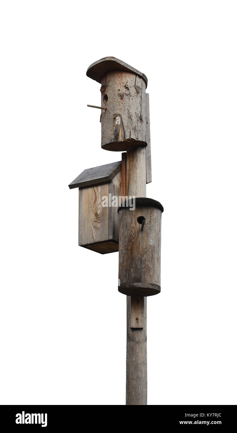 Tres starling madera-casas aisladas sobre fondo blanco con trazado de recorte Foto de stock