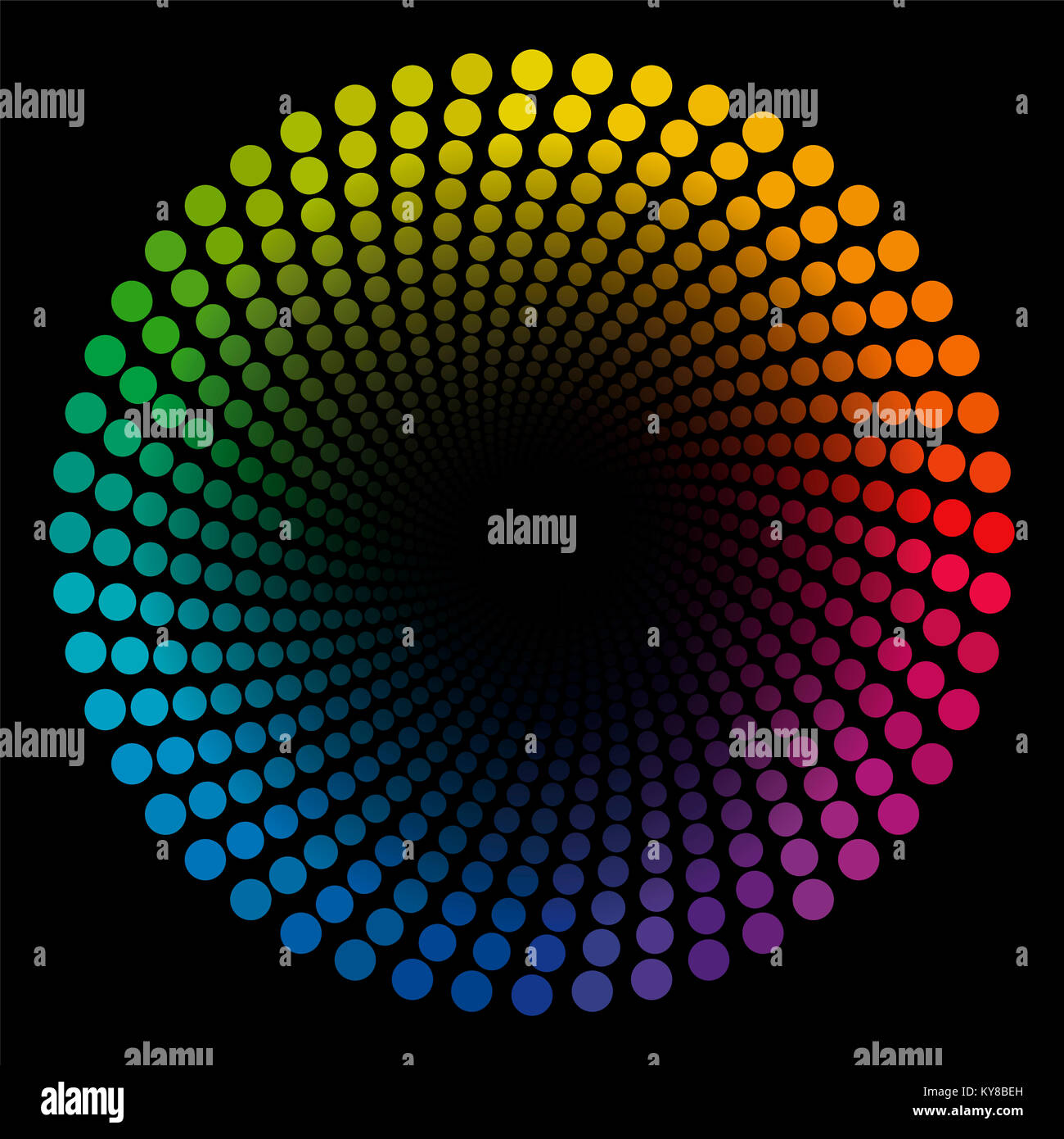 Espiral de color dots - tubo patrón geométrico de colores del arco iris circular trenzado ilustración con centro negro que parece ampliar - ilusión óptica. Foto de stock