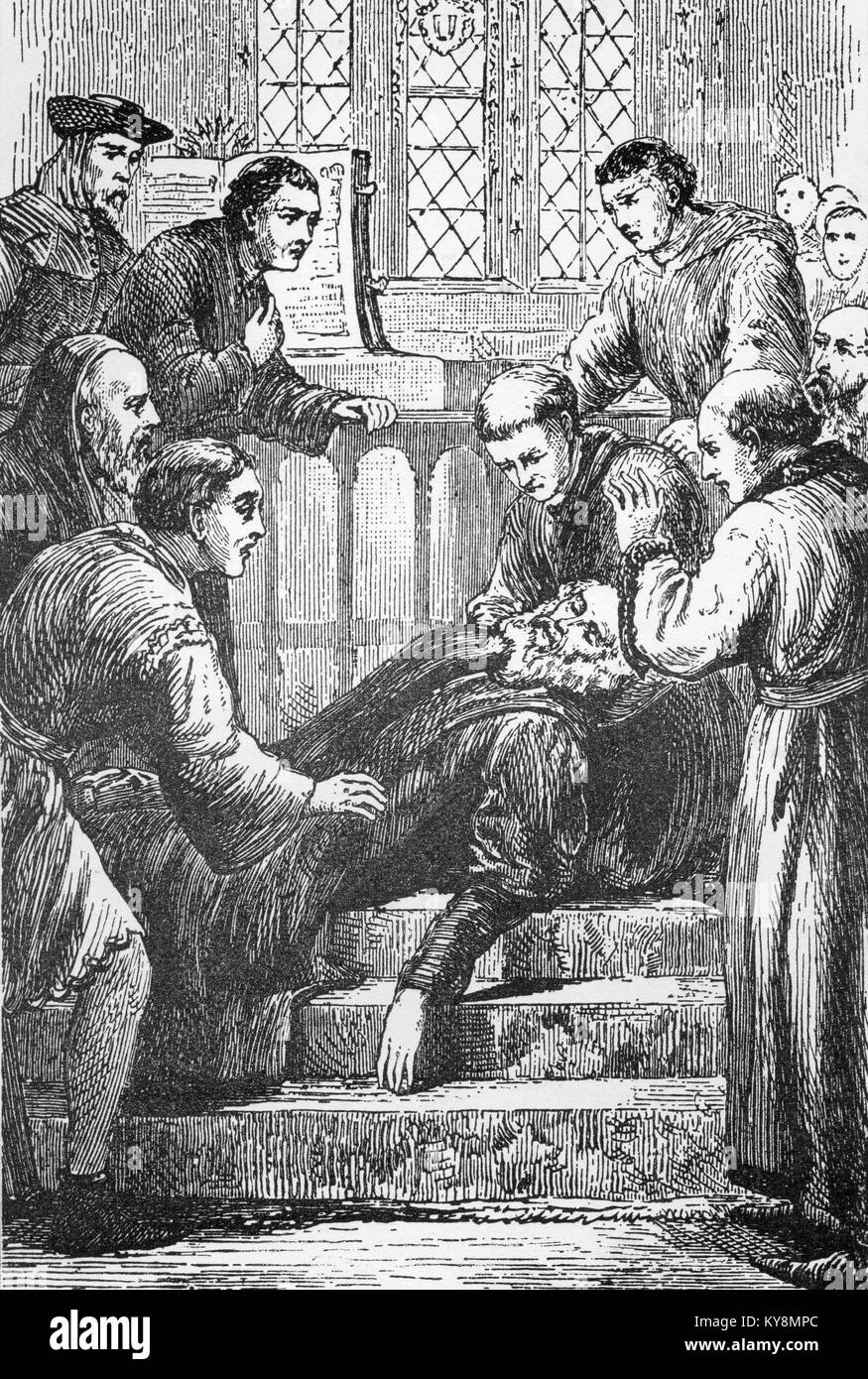 Dibujo de la línea de la muerte del traductor de la Biblia en inglés pionero y reformador, John Wycliffe. Foto de stock