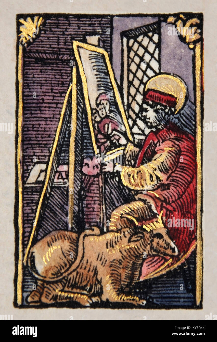 Ilustración de un artista de la portada del libro de Lucas en un facsímil de William Tyndale's 1525 edición del Nuevo Testamento en inglés. A partir de la colección de Libros Raros de láminas en Dunedin, Nueva Zelanda. Foto de stock