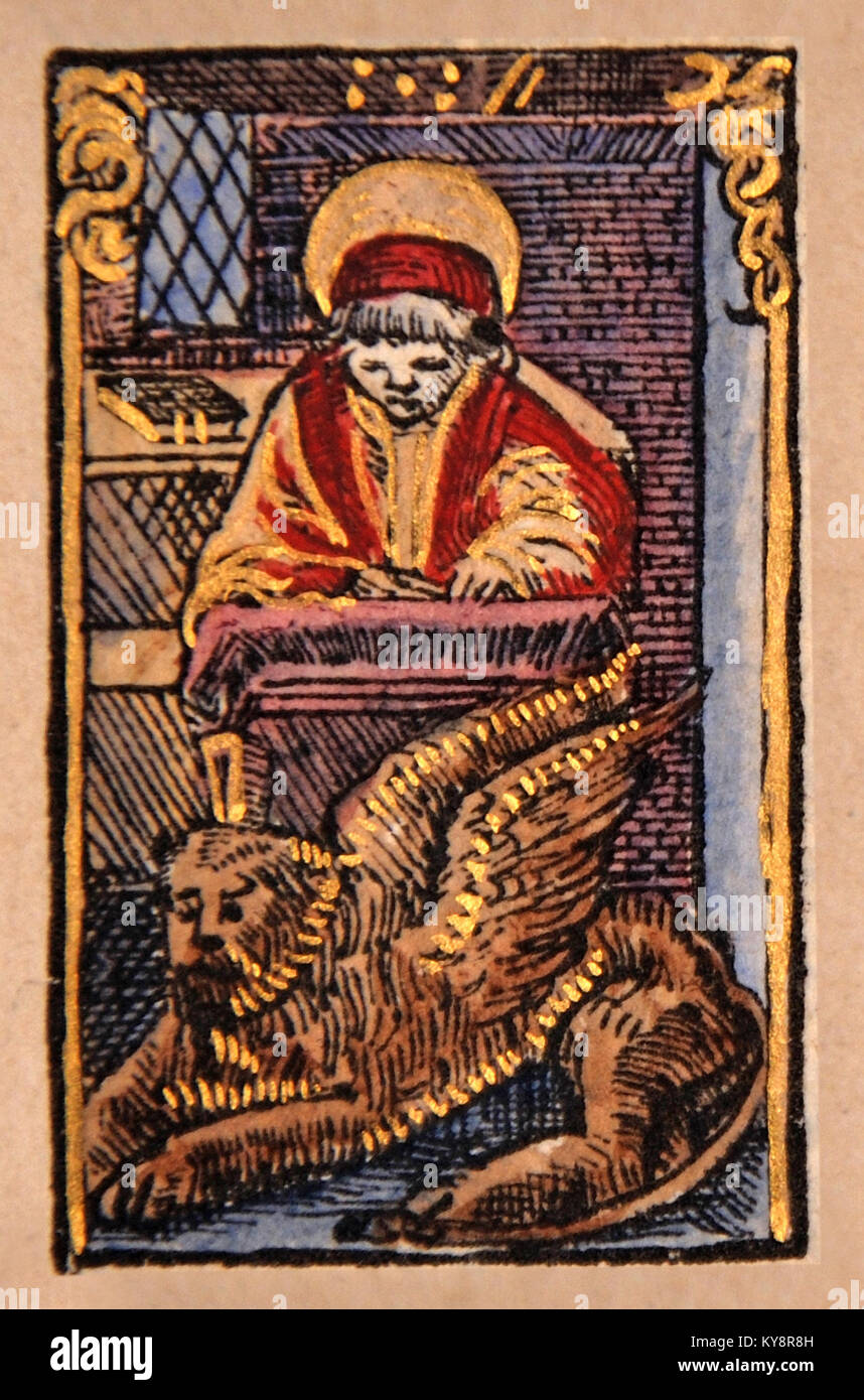 Ilustración de un scribe desde una página de título en un facsímil de William Tyndale's 1525 edición del Nuevo Testamento en inglés. A partir de la colección de Libros Raros de láminas en Dunedin, Nueva Zelanda. Foto de stock