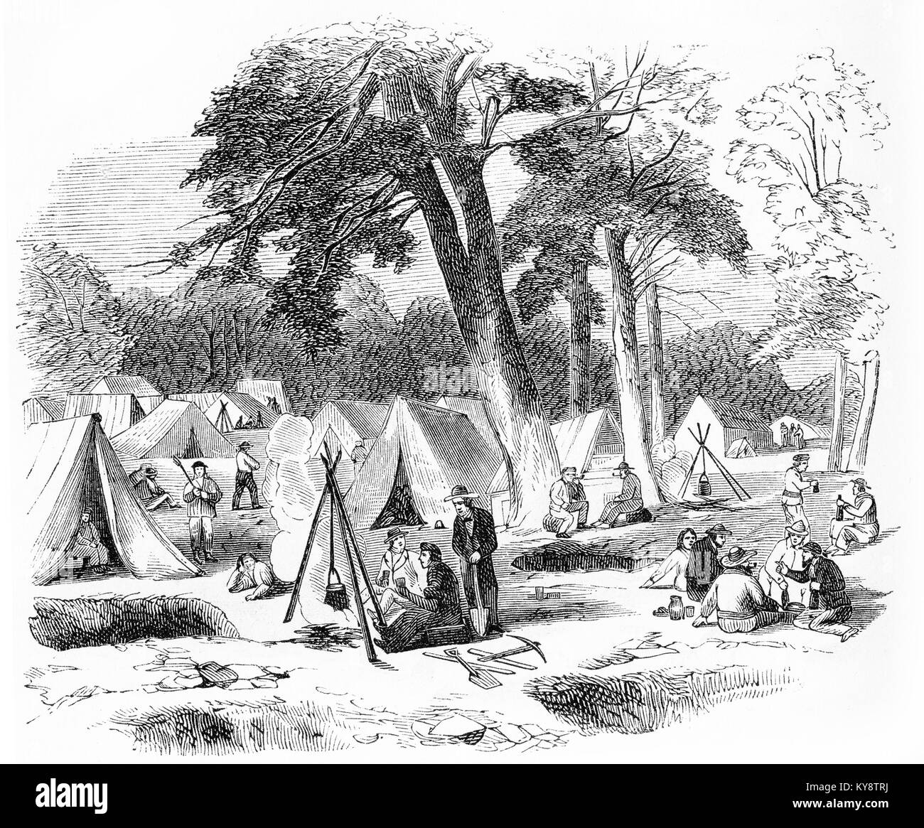 Grabado de cateadores acamparon en un campo de oro durante el goldrushes de los 1800s. A partir de un original grabado en la Harper's libros de cuentos por Jacob Abbott, 1854. Foto de stock