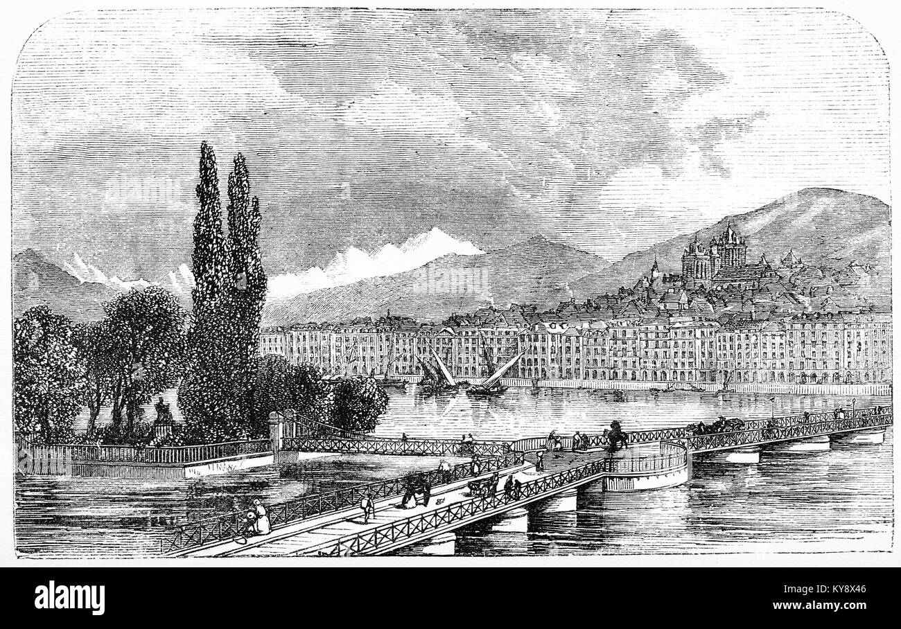 Grabado de la ciudad de Ginebra durante la escritura de la Biblia de Ginebra. A partir de la Biblia en inglés por Stoughton, circa 1900. Foto de stock