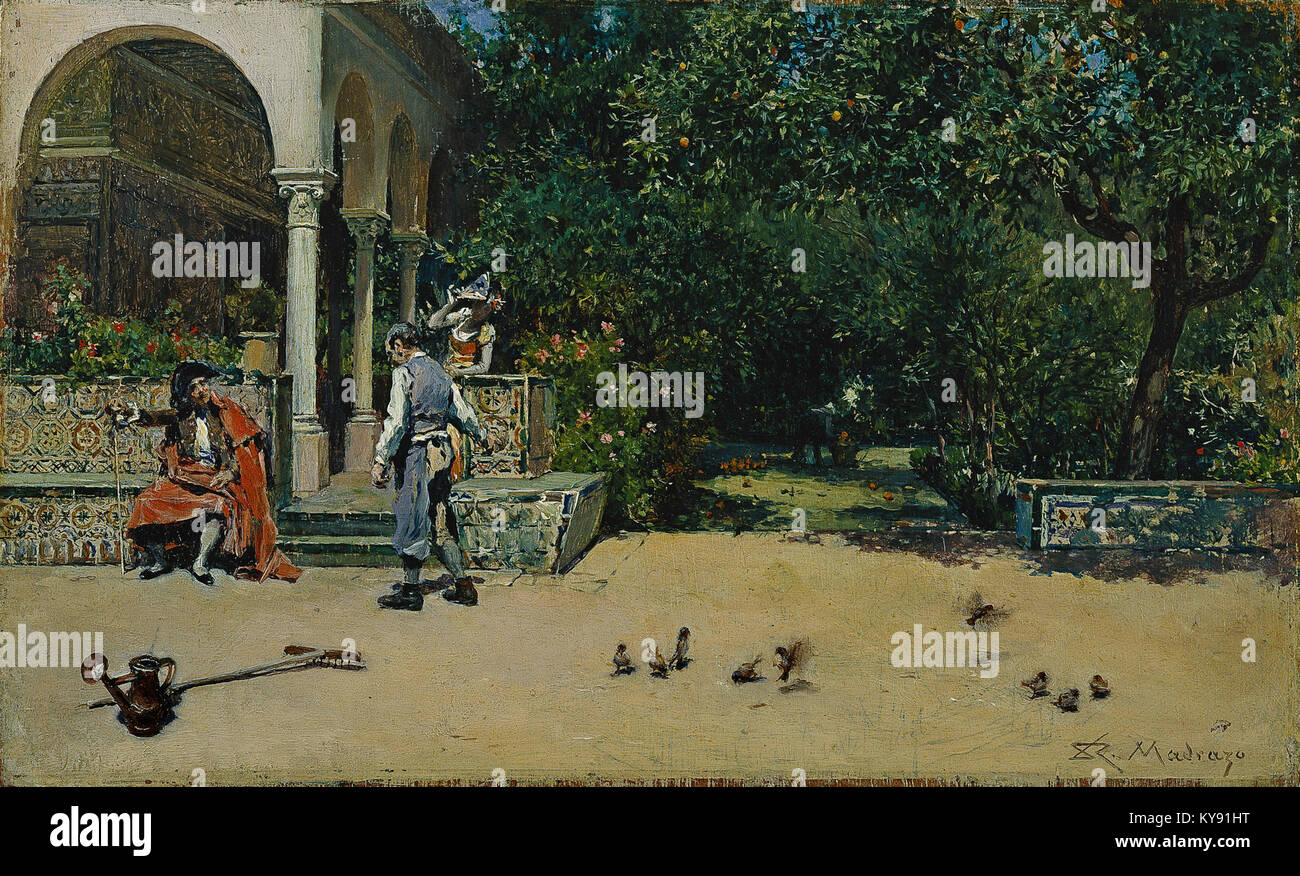 Raimundo Madrazo - Escena de casacón en los jardines del Alcázar de Sevilla Foto de stock