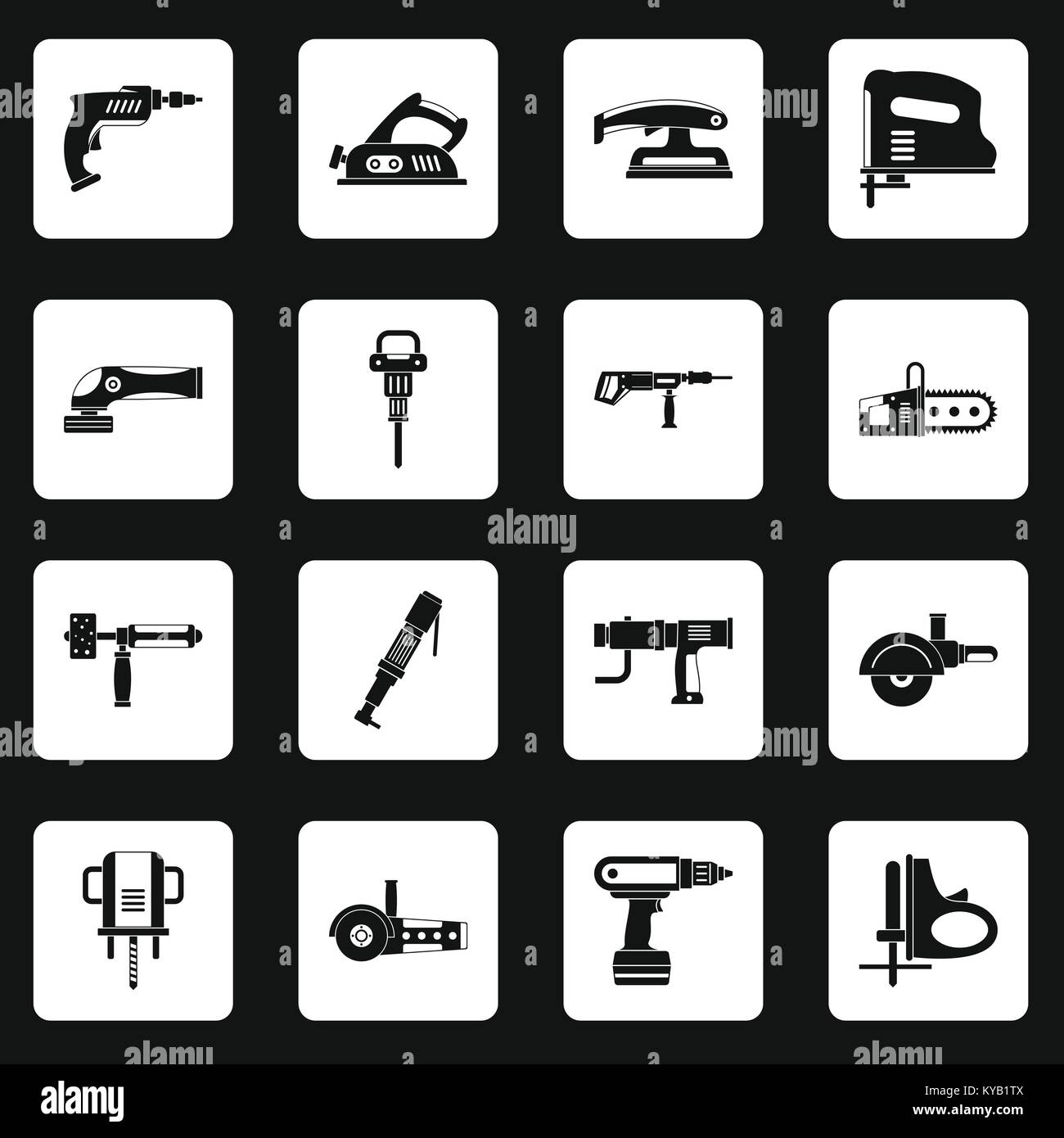 Herramientas eléctricas en conjunto de iconos cuadrados blancos sobre fondo  negro estilo simple ilustración vectorial Imagen Vector de stock - Alamy