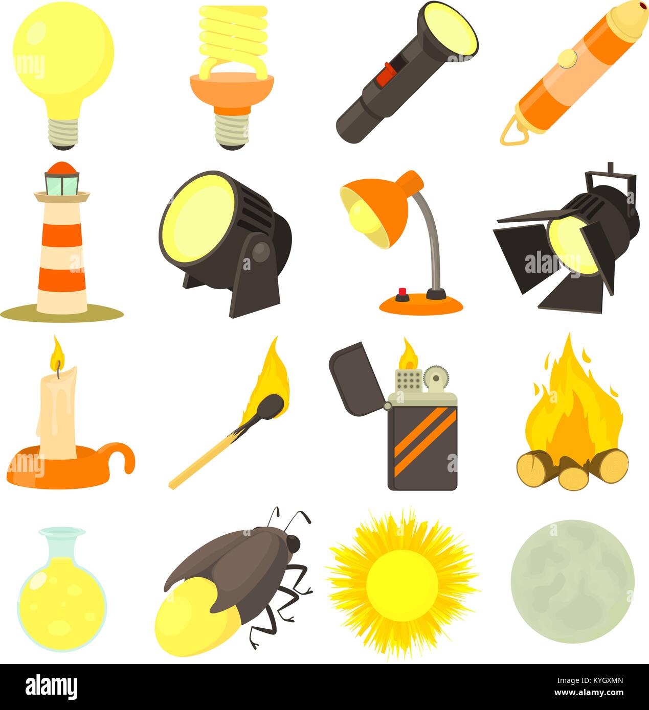 Fuente de luz, conjunto de iconos de estilo de dibujos animados Imagen  Vector de stock - Alamy