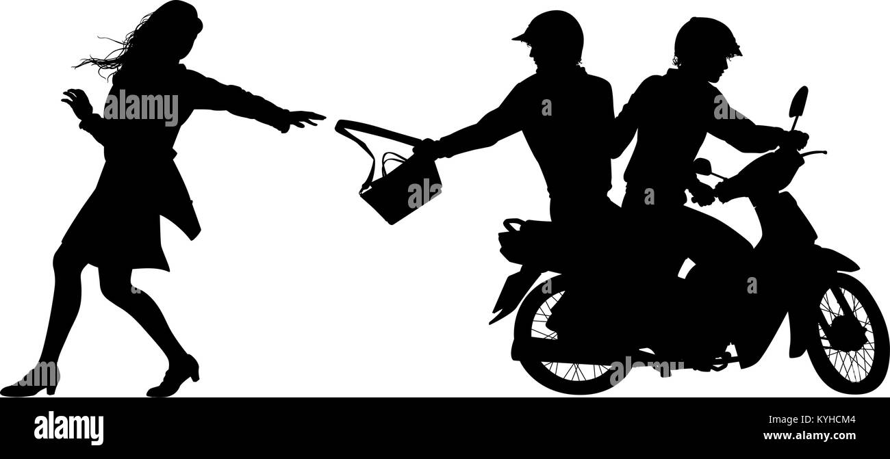 Silueta vectorial editable de dos hombres en una motocicleta por robar un bolso de una mujer con cifras, el bolso y la bicicleta como objetos separados Ilustración del Vector