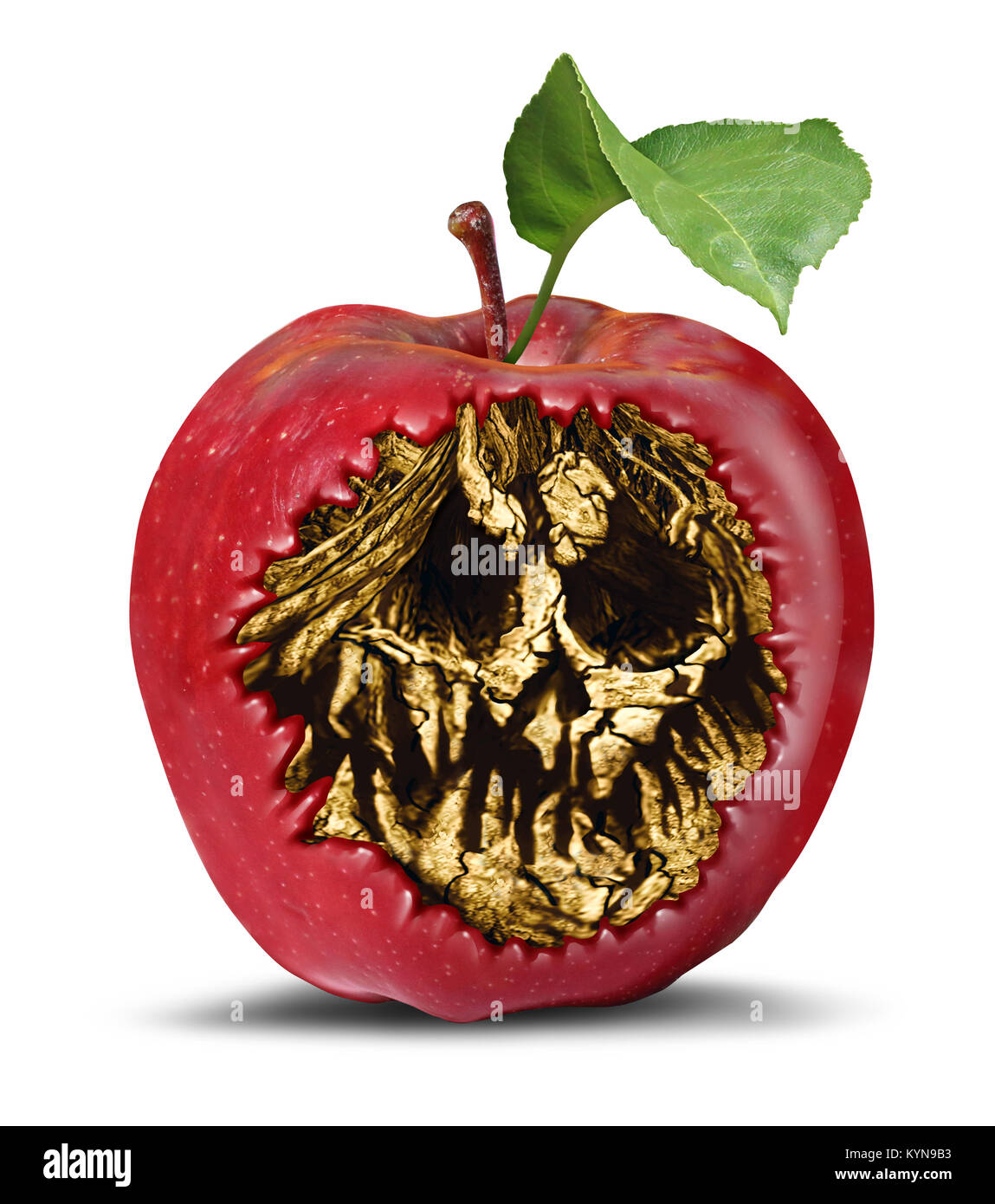 Poison apple y el concepto de seguridad alimentaria como una fruta podrida con una muerte oculto dentro del cráneo como un símbolo de brujería o maldición mágica. Foto de stock
