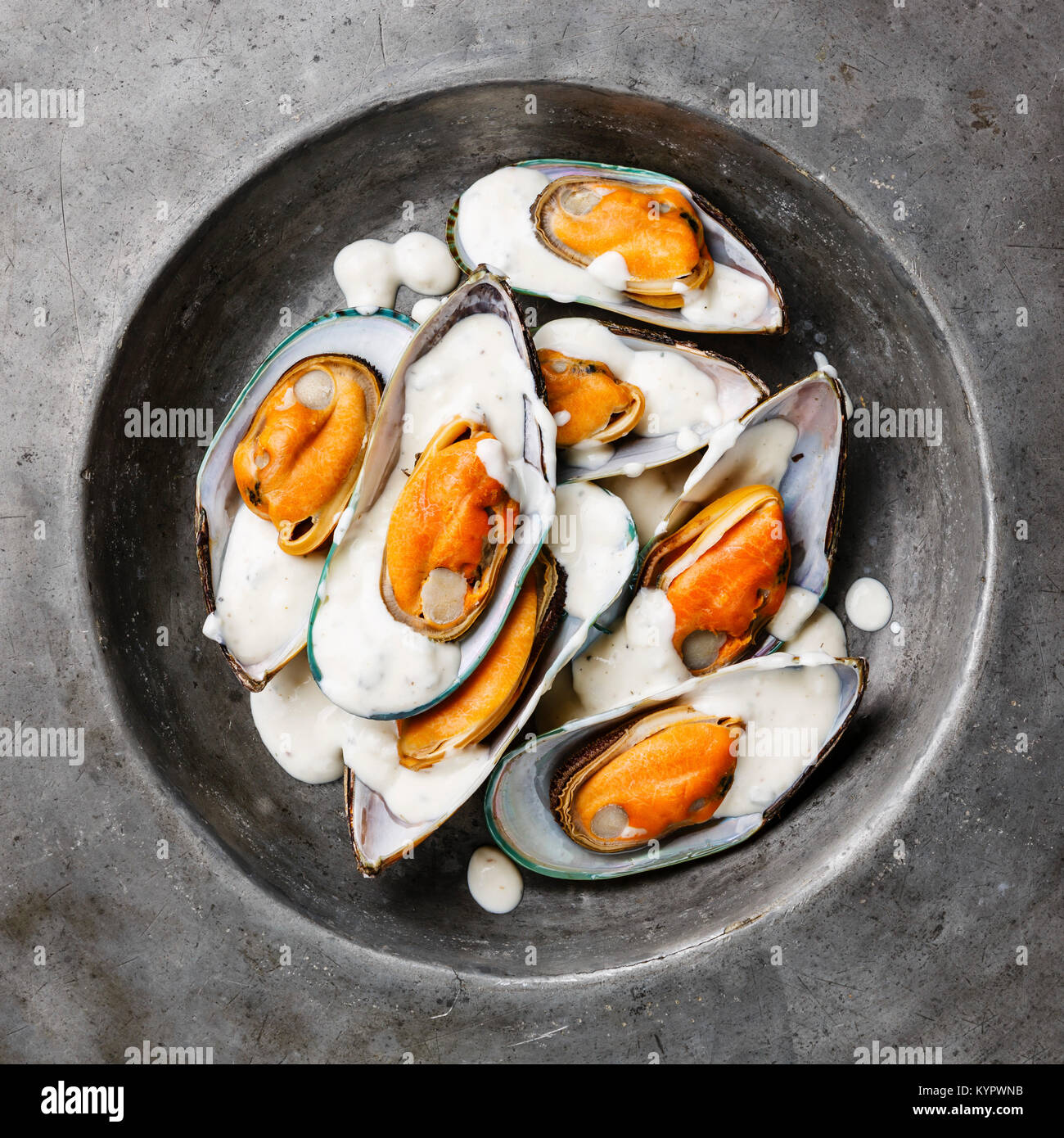 Mariscos Mejillones Almejas en placa con salsa de queso azul de cerca Foto de stock