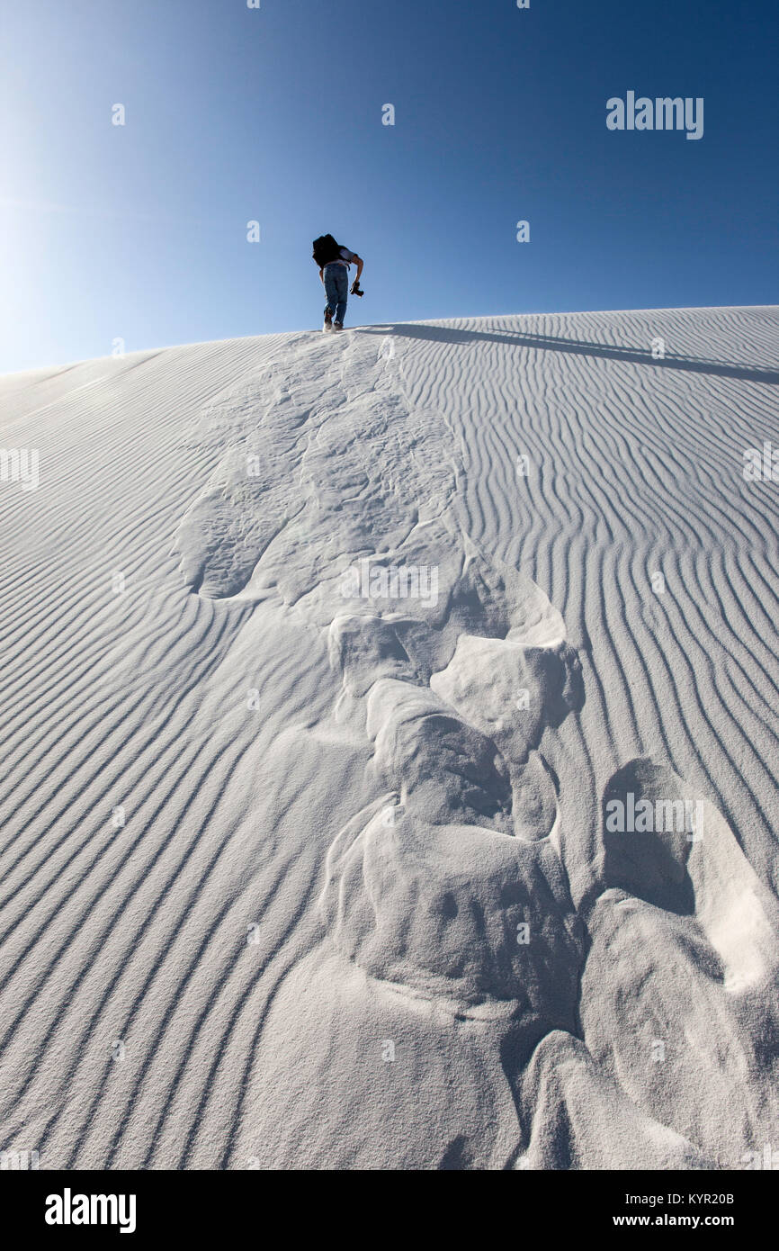 Fotógrafo trepando a la cima de una gran duna de arena, Parque Nacional White Sands, Nuevo México Foto de stock