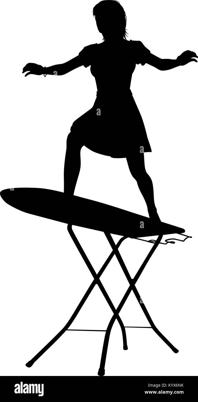 Silueta vectorial editable de una ama de casa surf sobre una tabla de planchar con la mujer y la junta como objetos separados Ilustración del Vector