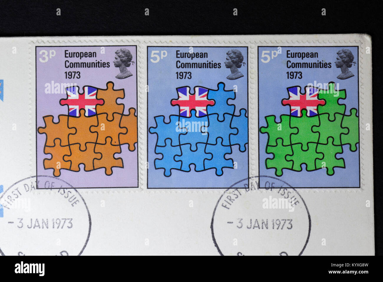 Sellos conmemorativos Gran Bretaña se une a la Comunidad Económica europea EEC, sellos postales Reina Isabel II Foto de stock
