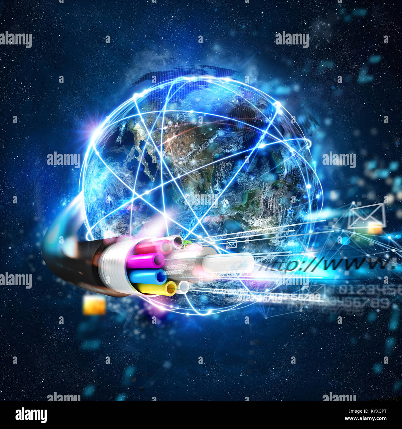 En todo el mundo conexión rápida a internet con la fibra óptica Foto de stock