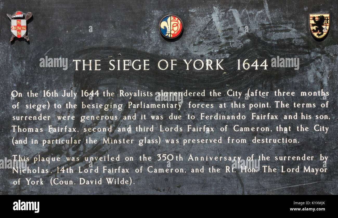 Asedio de York placa en York, Yorkshire, Inglaterra. UK Fotografía de stock  - Alamy