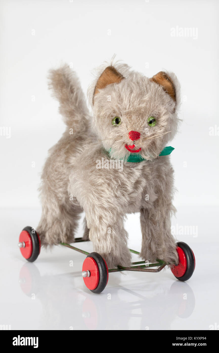 Un Vintage alemán Hermann marca Mohair Cat juguete de peluche sobre ruedas Foto de stock