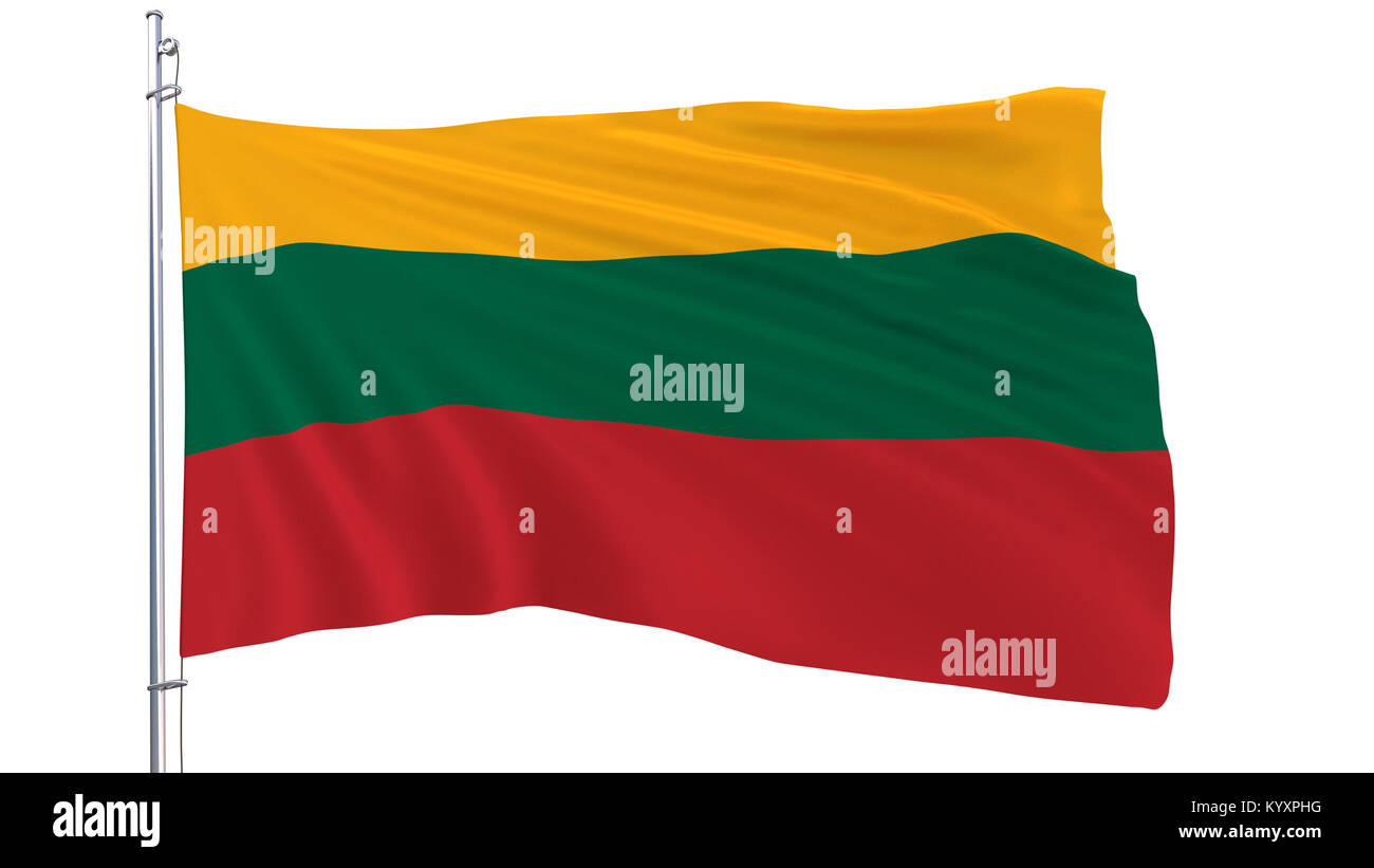Pabellón de Lituania en una bandera ondeando en el viento sobre un fondo blanco, claro 3D rendering Foto de stock