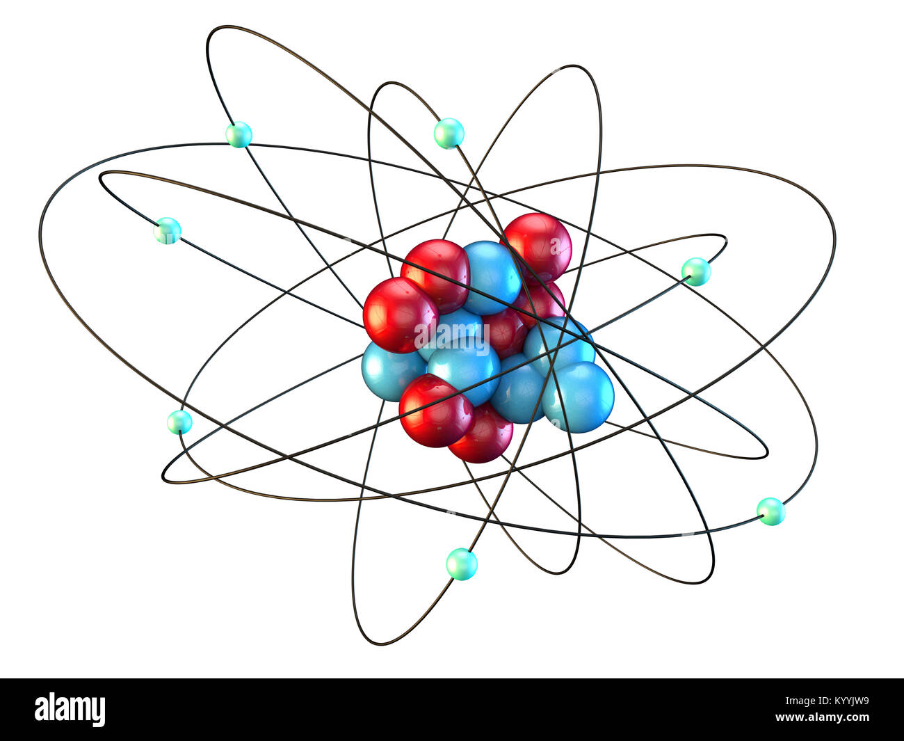Átomo de nitrógeno mostrando siete electrones orbitando alrededor de 7 protones y 7 neutrones Foto de stock