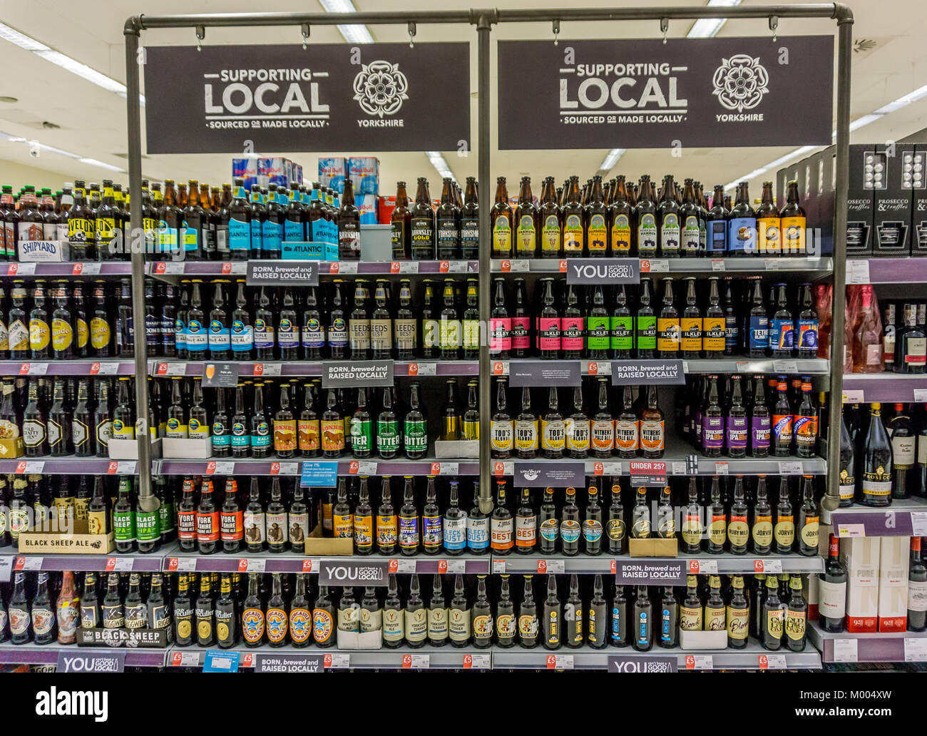 Real ale cerveza local y visualización en la CO-OP, Supermercado, Inglaterra, Reino Unido. Foto de stock